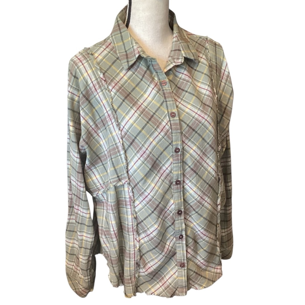 Heyson Oversized Plaid Flannel Shirt Raw Hem‎ Long Sleeve Dusty Green Small Boxy